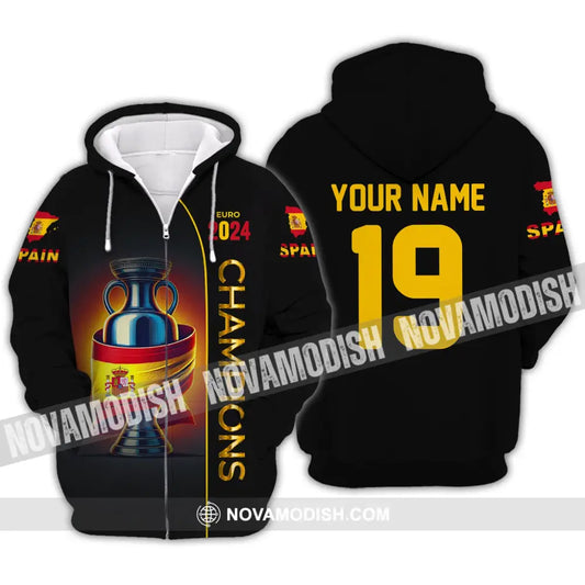Unisex Shirt Custom Name And Number Spain Football Polo Euro 2024 Hoodie Long Sleeve Zipper / S