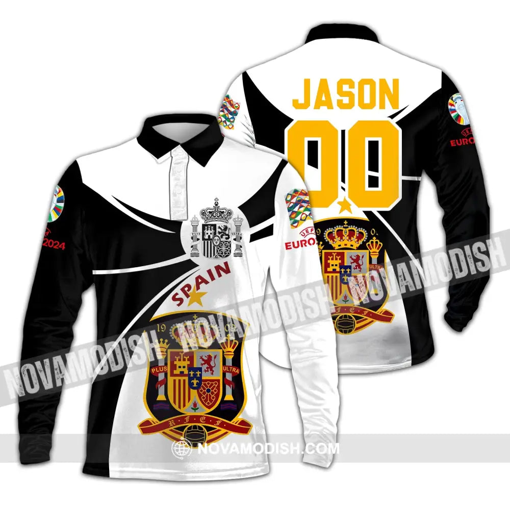 Unisex Shirt - Custom Name And Number Spain National Team Black And White Color Shirt Long Sleeve Polo / S T-shirt