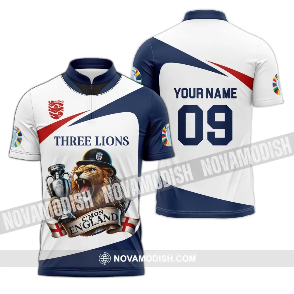 Unisex Shirt - Custom Name And Number Sport C’mon England Three Lions Zipper Polo / S T-Shirt