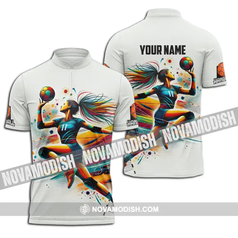 Unisex Shirt - Custom Name And Number Sport Shirt Handball Colors Zipper Polo Shirt / S T-shirt