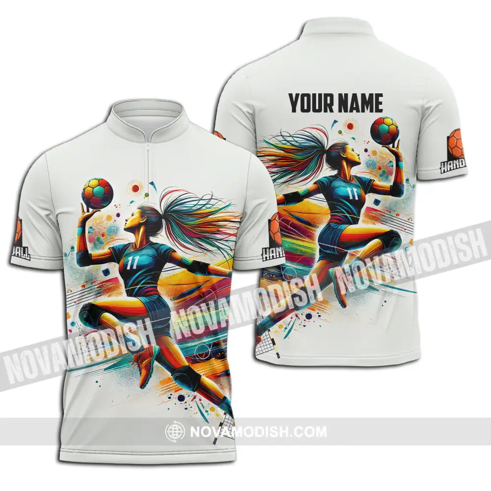 Unisex Shirt - Custom Name And Number Sport Shirt Handball Colors Zipper Polo Shirt / S T-shirt