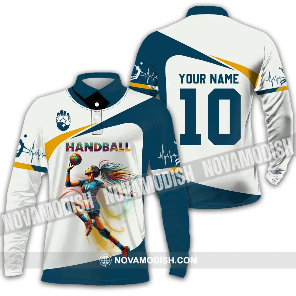 Unisex Shirt - Custom Name And Number Sport Shirt Handball White Blue Classic Long Sleeve Polo / S T-shirt