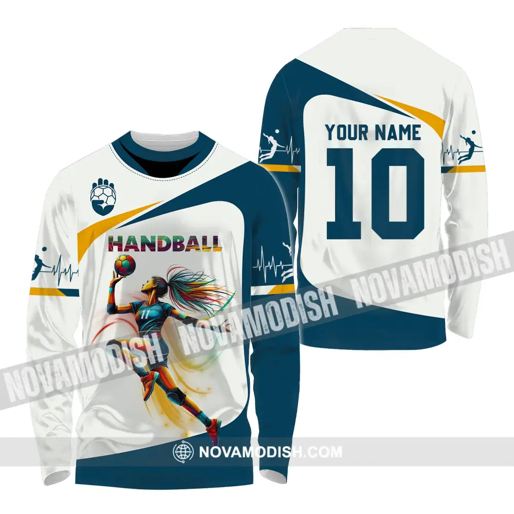 Unisex Shirt - Custom Name And Number Sport Shirt Handball White Blue Classic Long Sleeve Shirt / S T-shirt