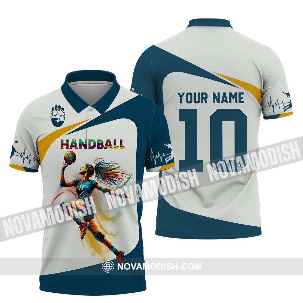 Unisex Shirt - Custom Name And Number Sport Shirt Handball White Blue Classic Polo Shirt / S T-shirt