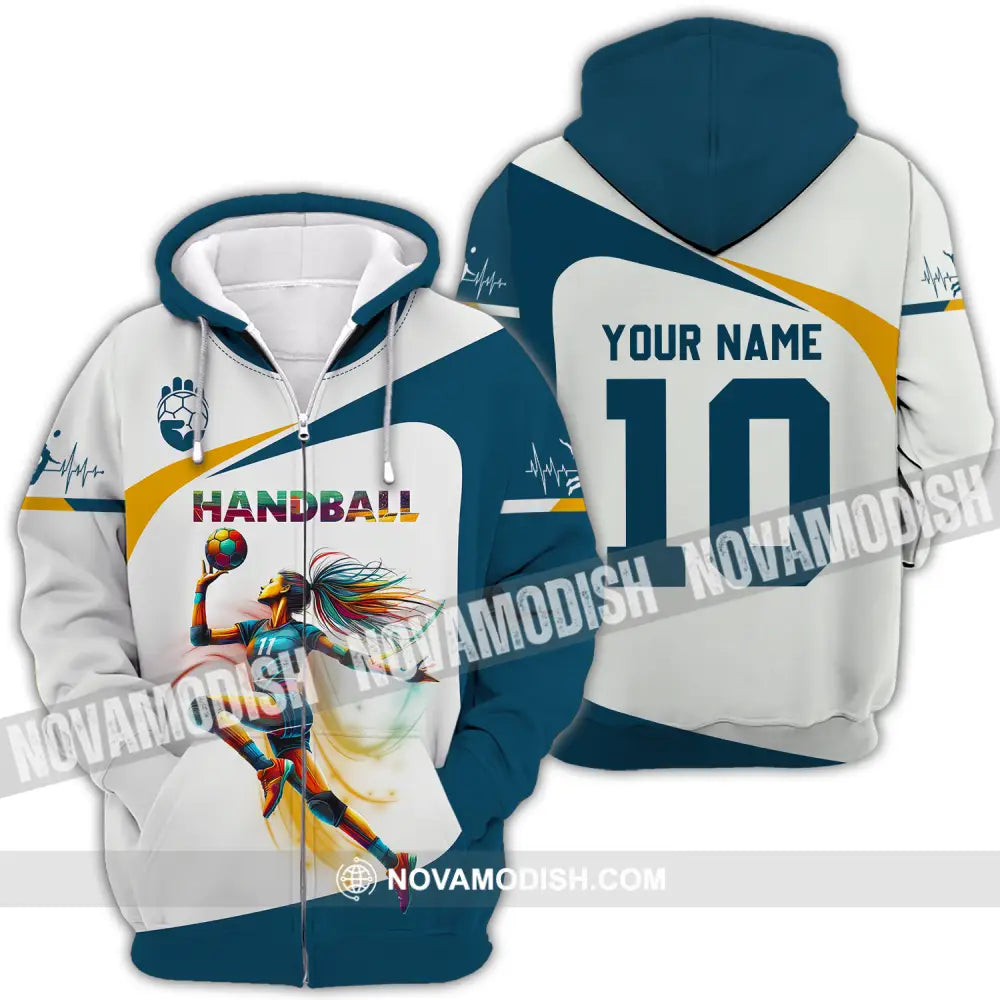 Unisex Shirt - Custom Name And Number Sport Shirt Handball White Blue Classic Zipper Hoodie / S T-shirt