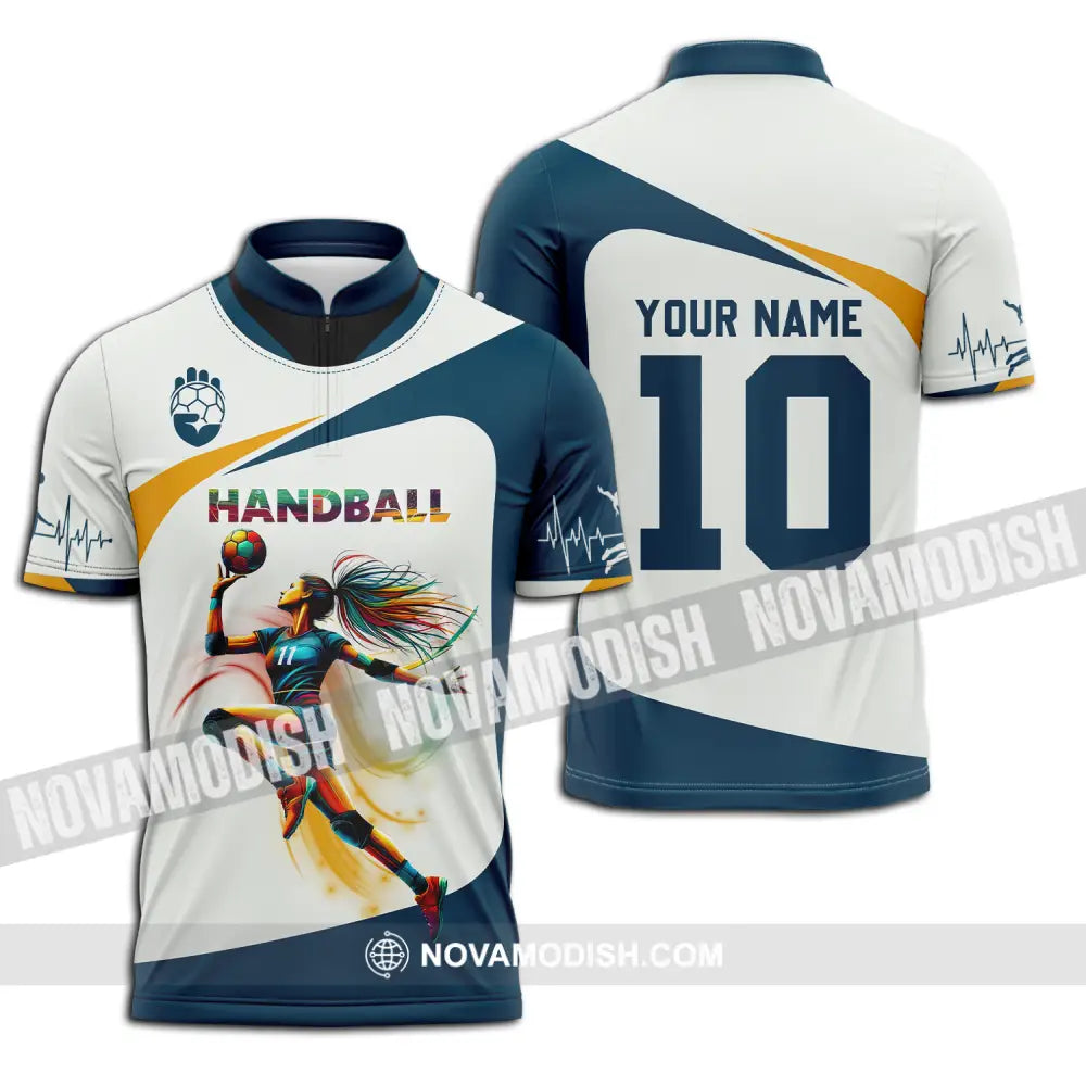 Unisex Shirt - Custom Name And Number Sport Shirt Handball White Blue Classic Zipper Polo Shirt / S T-shirt
