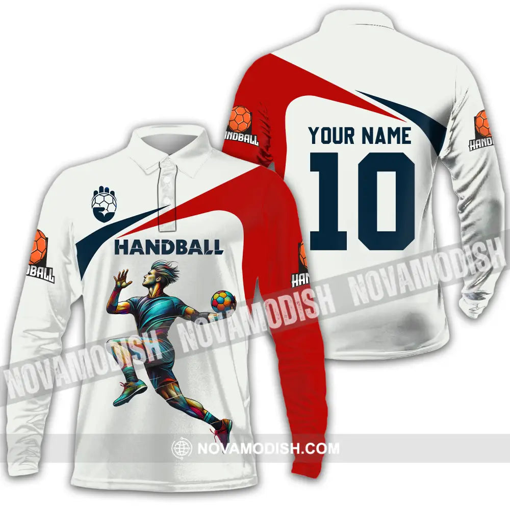 Unisex Shirt - Custom Name And Number Sport Shirt Handball White Red Classic Long Sleeve Polo / S T-shirt