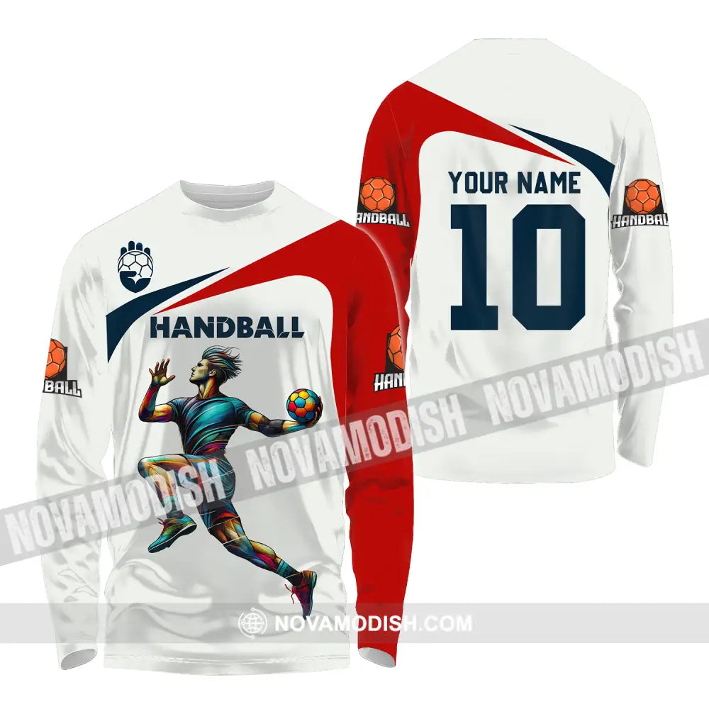 Unisex Shirt - Custom Name And Number Sport Shirt Handball White Red Classic Long Sleeve Shirt / S T-shirt
