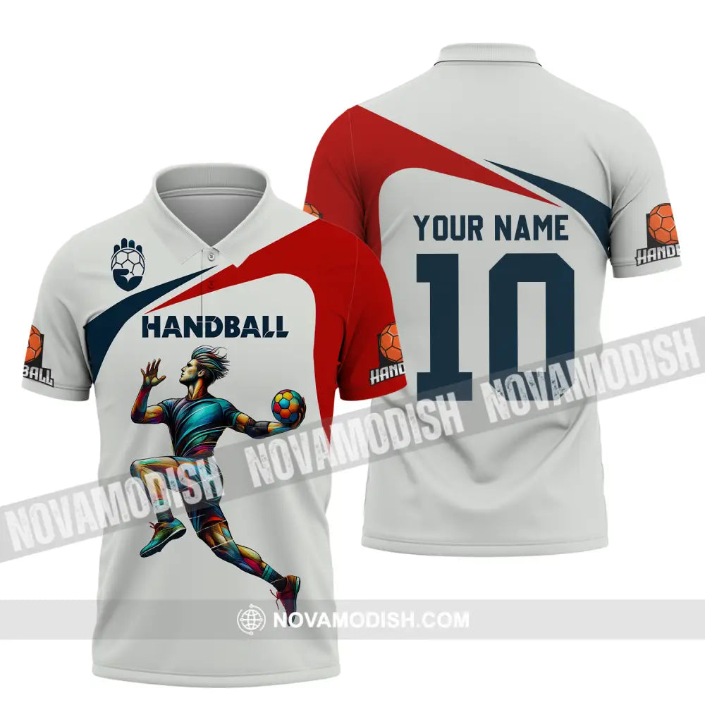 Unisex Shirt - Custom Name And Number Sport Shirt Handball White Red Classic Polo Shirt / S T-shirt