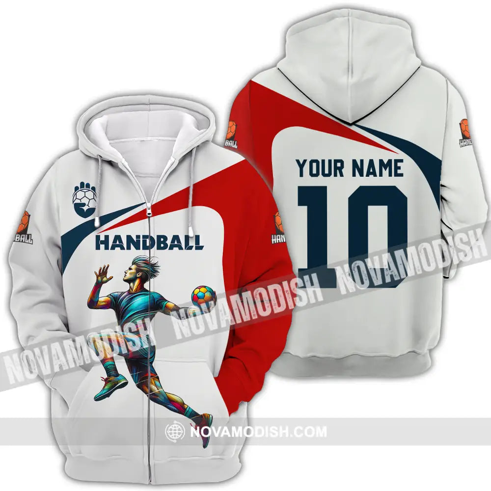 Unisex Shirt - Custom Name And Number Sport Shirt Handball White Red Classic Zipper Hoodie / S T-shirt