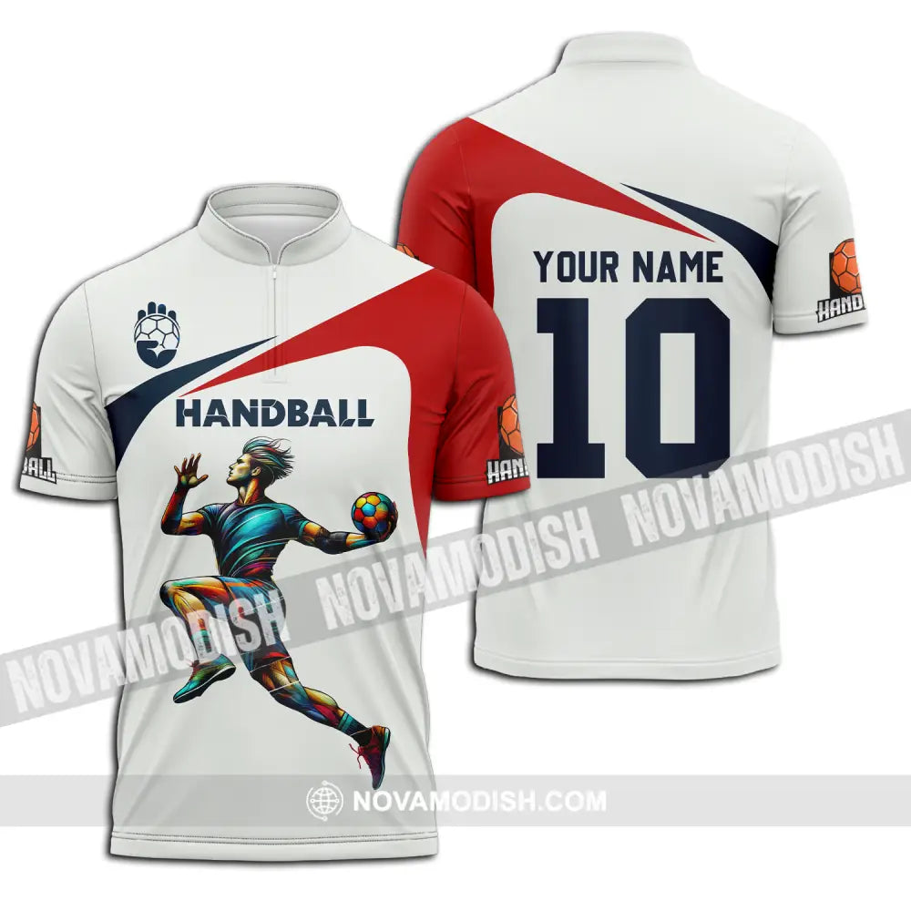Unisex Shirt - Custom Name And Number Sport Shirt Handball White Red Classic Zipper Polo Shirt / S T-shirt