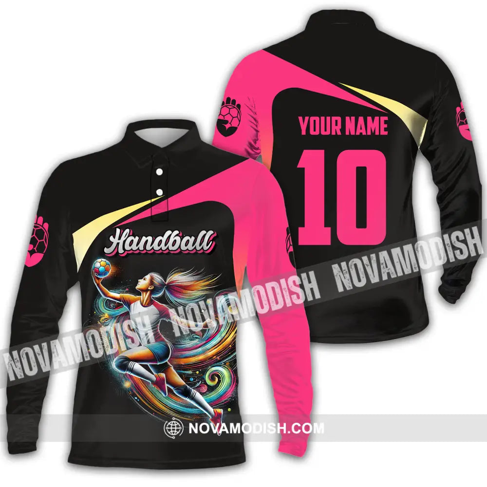 Unisex Shirt - Custom Name And Number Sport Shirt Hot Pink Handball Long Sleeve Polo / S T-shirt