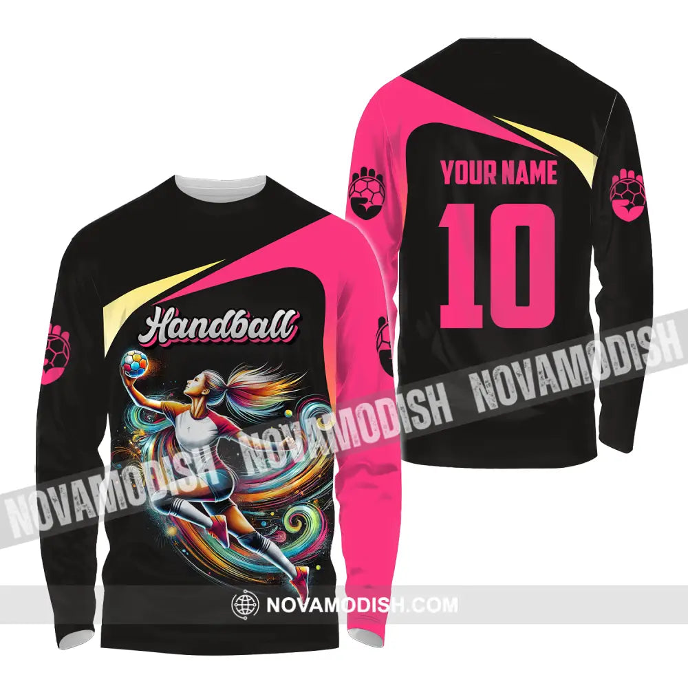 Unisex Shirt - Custom Name And Number Sport Shirt Hot Pink Handball Long Sleeve Shirt / S T-shirt