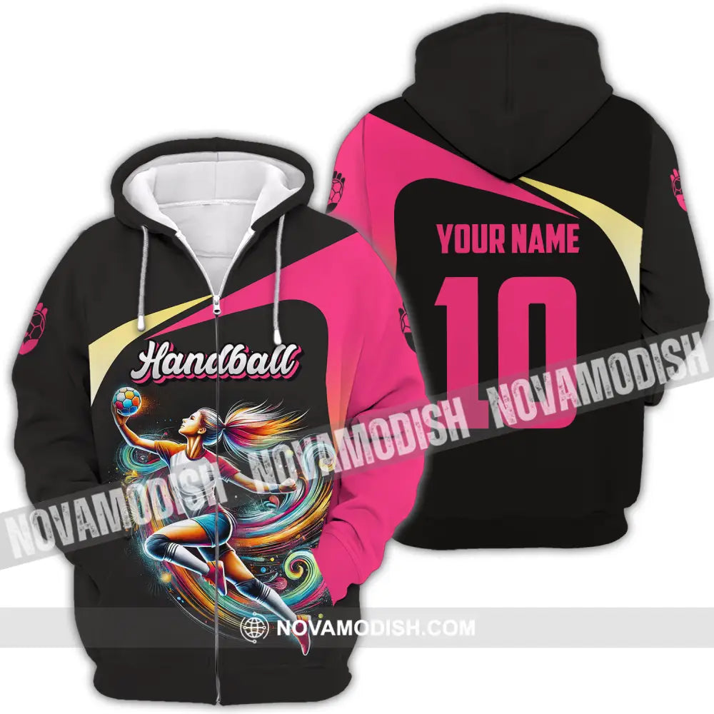 Unisex Shirt - Custom Name And Number Sport Shirt Hot Pink Handball Zipper Hoodie / S T-shirt