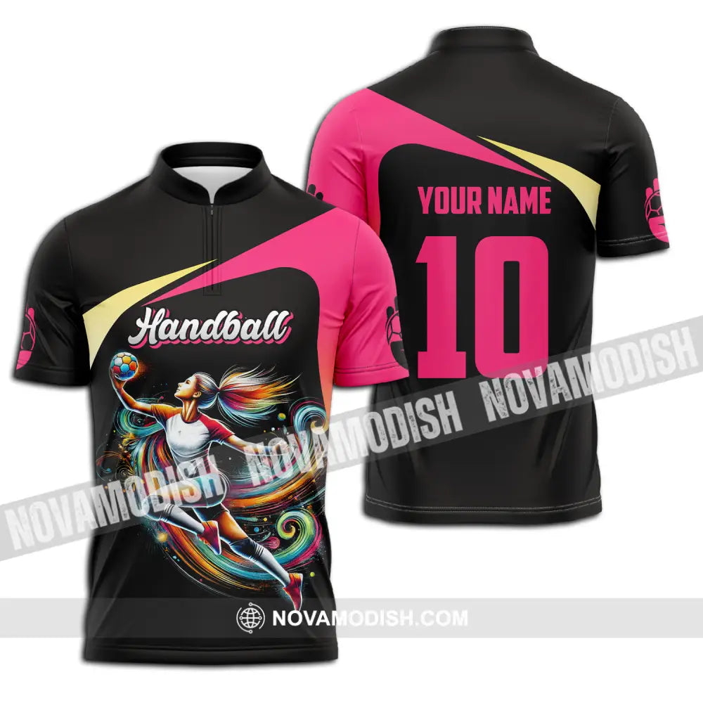 Unisex Shirt - Custom Name And Number Sport Shirt Hot Pink Handball Zipper Polo Shirt / S T-shirt