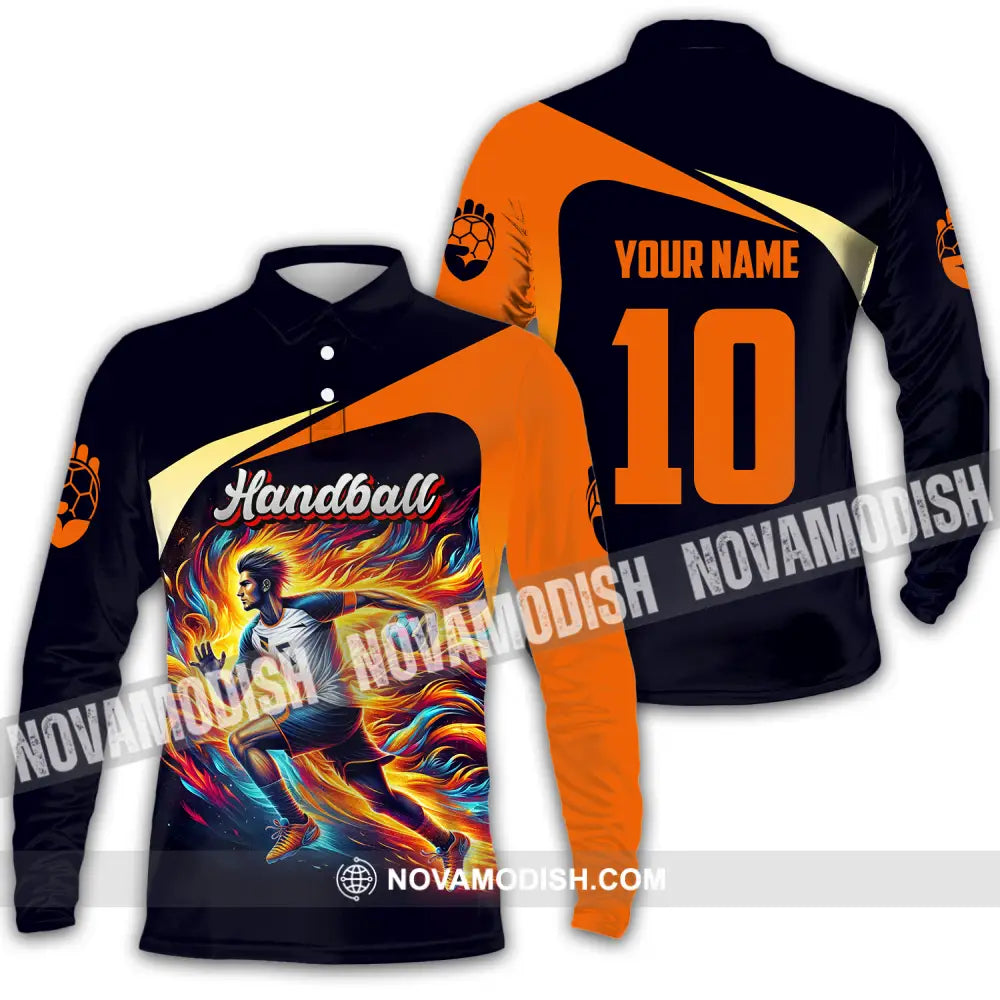 Unisex Shirt - Custom Name And Number Sport Shirt Orange Handball Long Sleeve Polo / S T-shirt