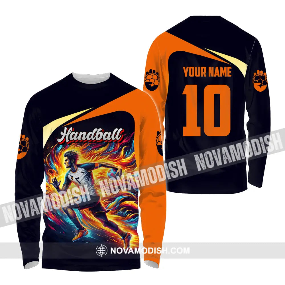 Unisex Shirt - Custom Name And Number Sport Shirt Orange Handball Long Sleeve Shirt / S T-shirt