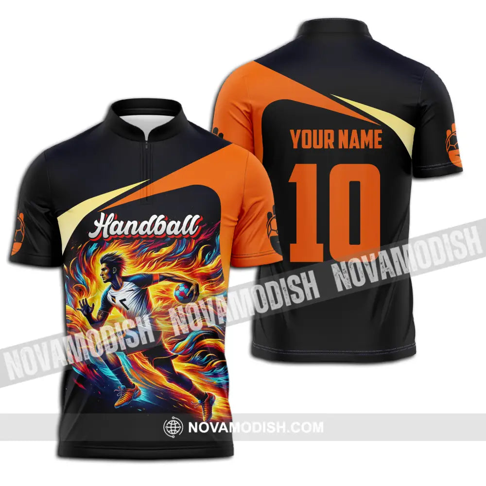 Unisex Shirt - Custom Name And Number Sport Shirt Orange Handball Zipper Polo Shirt / S T-shirt