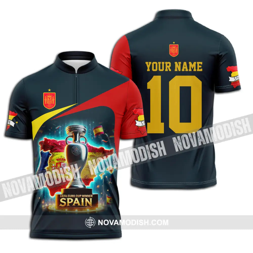 Unisex Shirt - Custom Name And Number Sport Shirt Winner Cup Of Spain Zipper Polo Shirt / S T-shirt