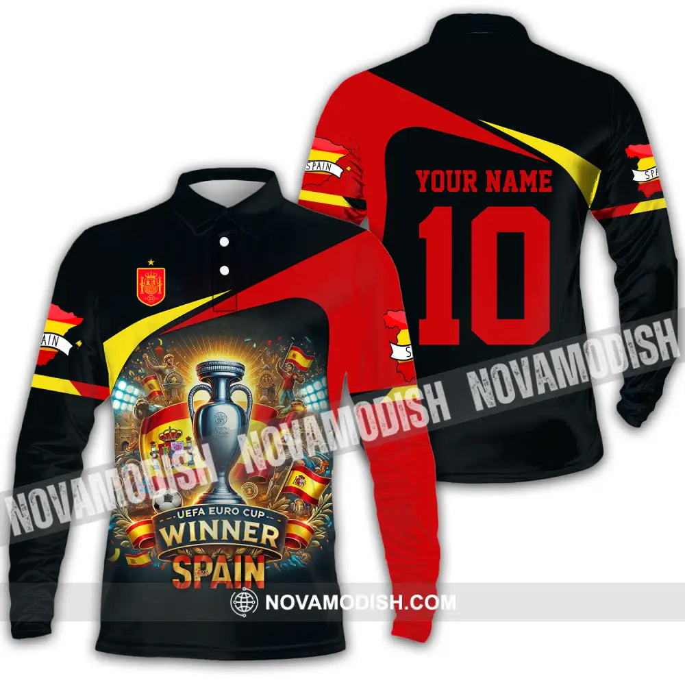 Unisex Shirt - Custom Name And Number Sport Shirt Winner Spain Euro 2024 Long Sleeve Polo / S T-shirt