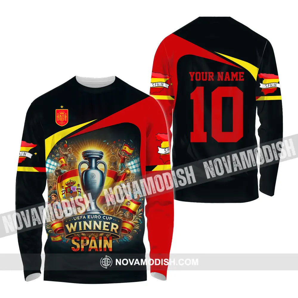 Unisex Shirt - Custom Name And Number Sport Shirt Winner Spain Euro 2024 Long Sleeve Shirt / S T-shirt