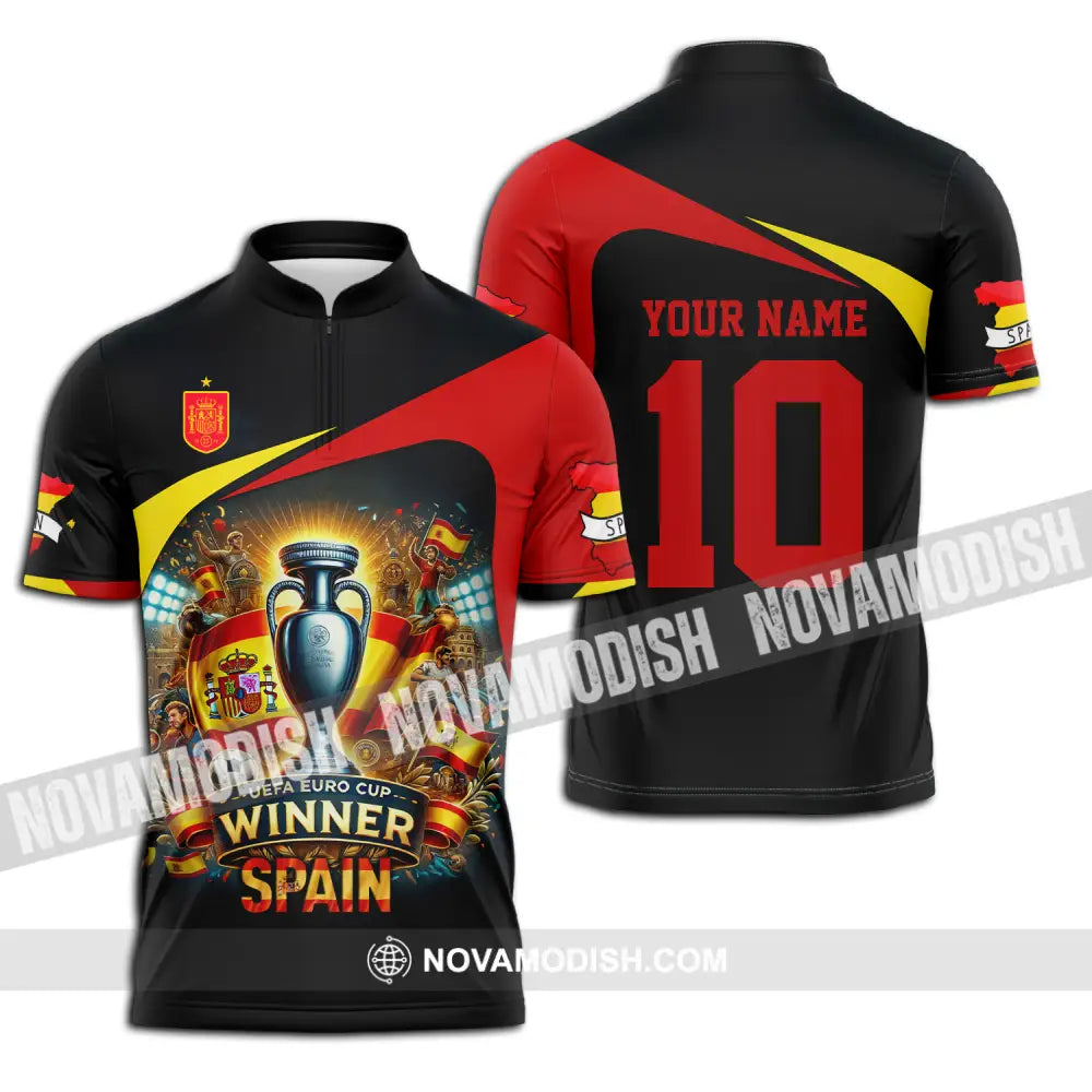 Unisex Shirt - Custom Name And Number Sport Shirt Winner Spain Euro 2024 Zipper Polo Shirt / S T-shirt