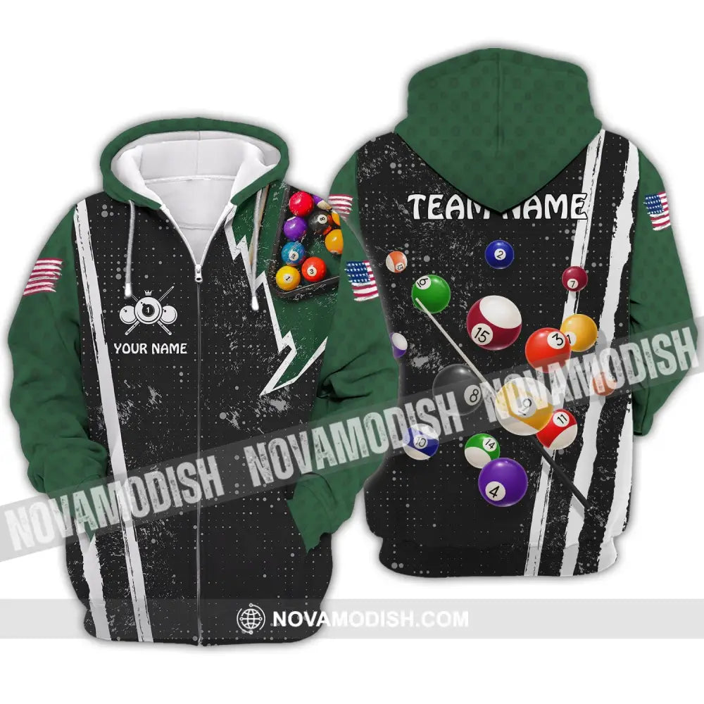 Unisex Shirt - Custom Name And Team Name Shirt - American Billiard Lover Black And Green Zipper Hoodie / S T-shirt