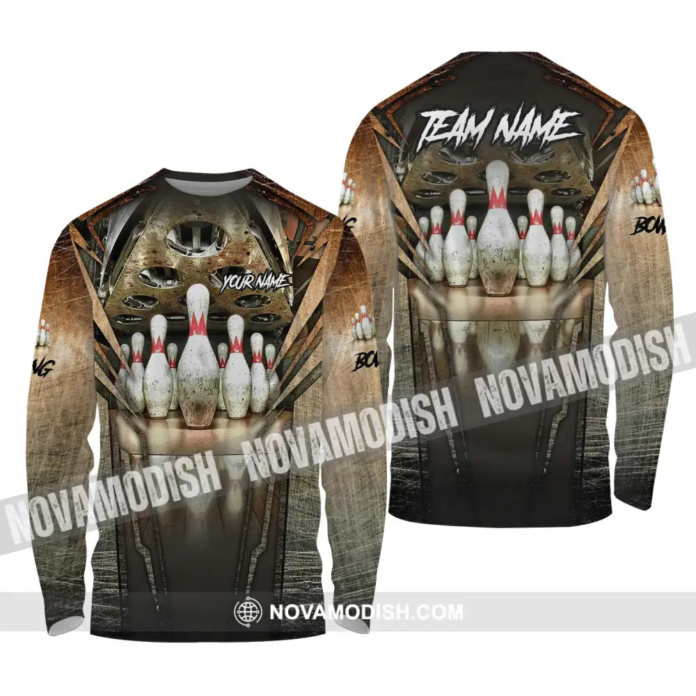 Unisex Shirt - Custom Name And Team Name Shirt Antique Bowling Ball And Pins Long Sleeve Shirt / S T-shirt