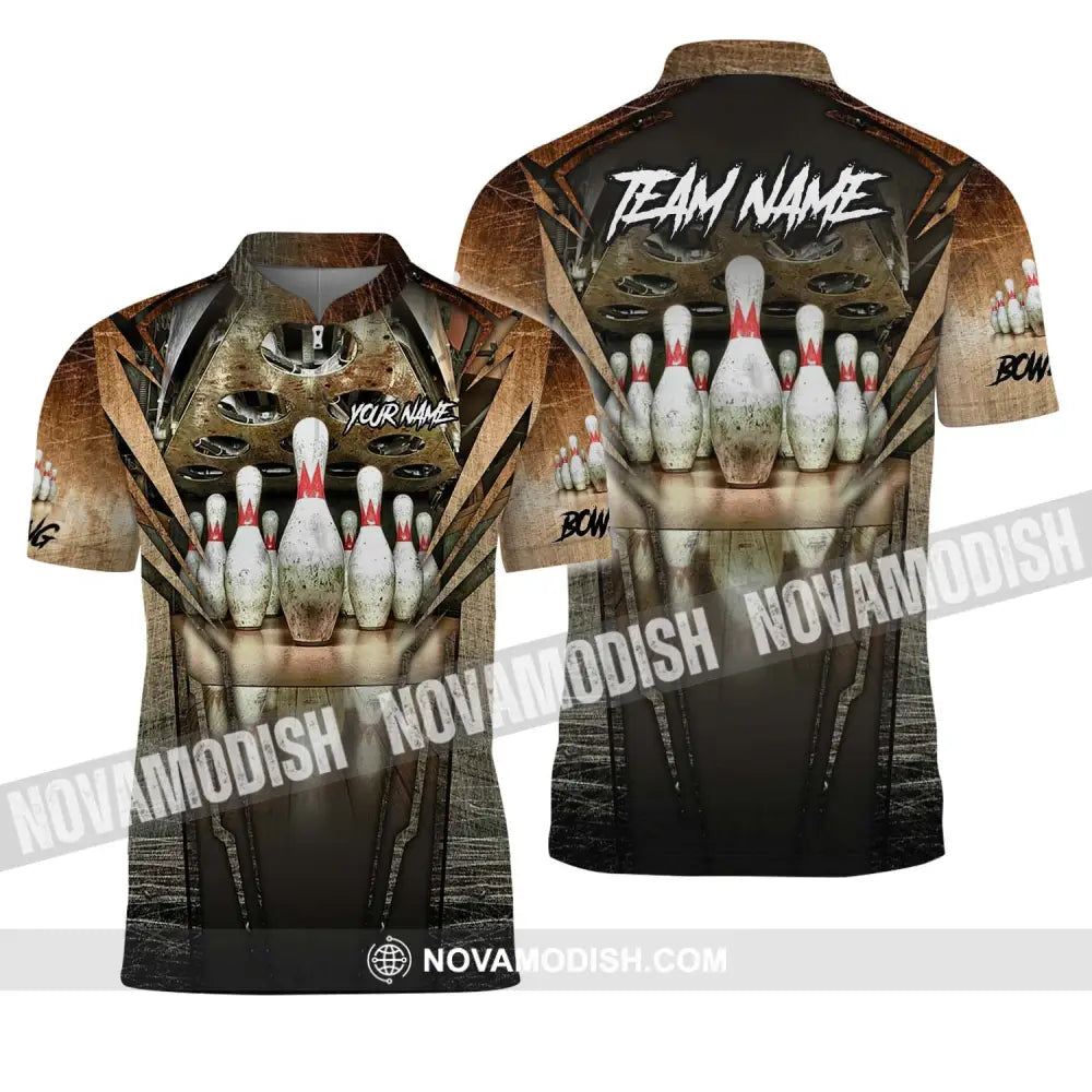 Unisex Shirt - Custom Name And Team Name Shirt Antique Bowling Ball And Pins Zipper Polo Shirt / S T-shirt