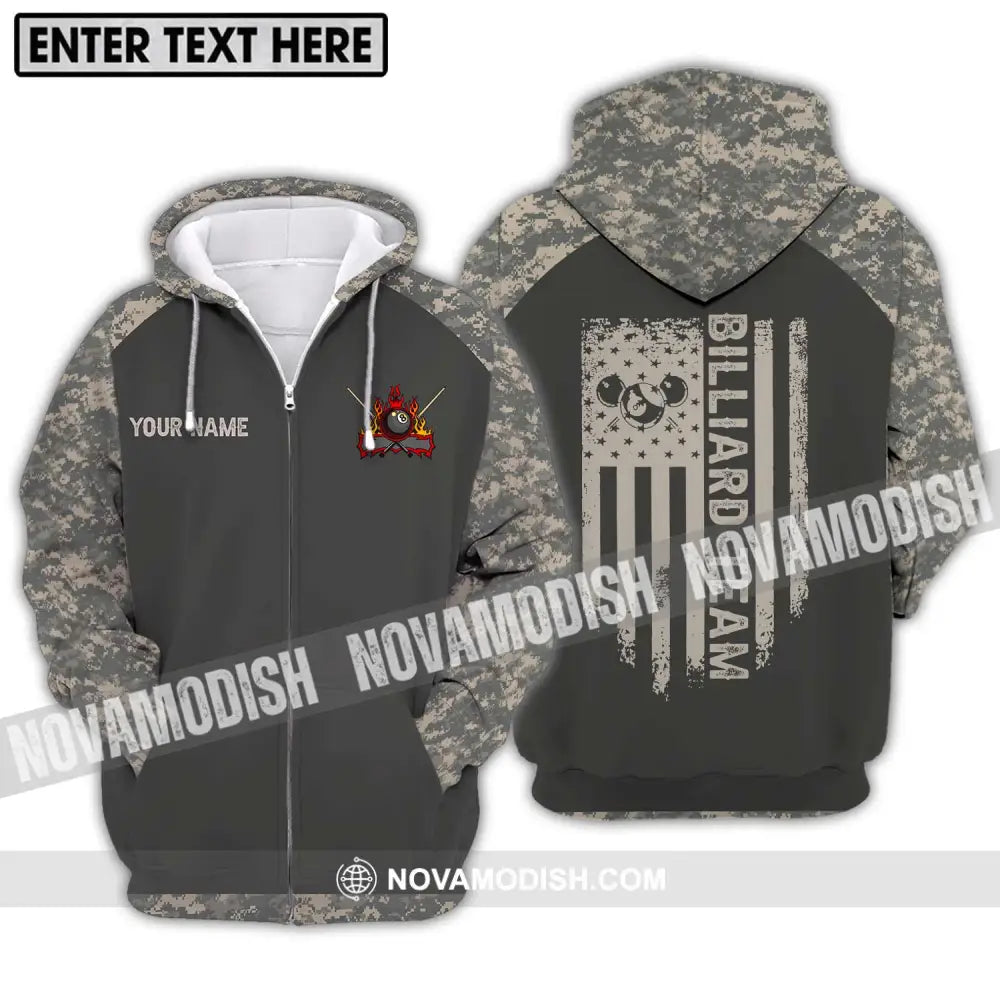 Unisex Shirt - Custom Name And Team Name Billiard Lover Shirt Billiard Camo Zipper Hoodie / S T-shirt