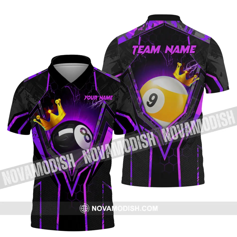 Unisex Shirt - Custom Name And Team Billiard Purple Line Crown Polo / S T-Shirt