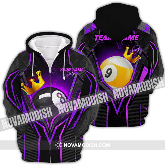 Unisex Shirt - Custom Name And Team Billiard Purple Line Crown Zipper Hoodie / S T-Shirt