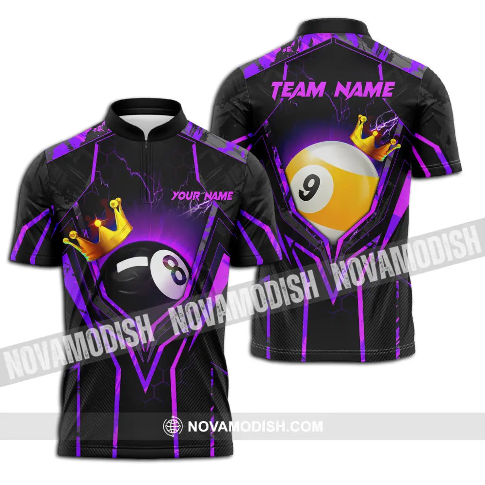 Unisex Shirt - Custom Name And Team Billiard Purple Line Crown Zipper Polo / S T-Shirt