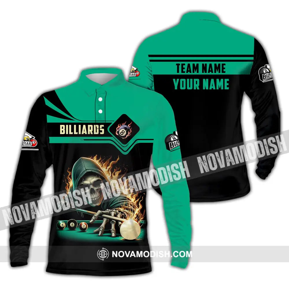 Unisex Shirt Custom Name And Team Billiards Polo Long Sleeve Skull T-Shirt / S