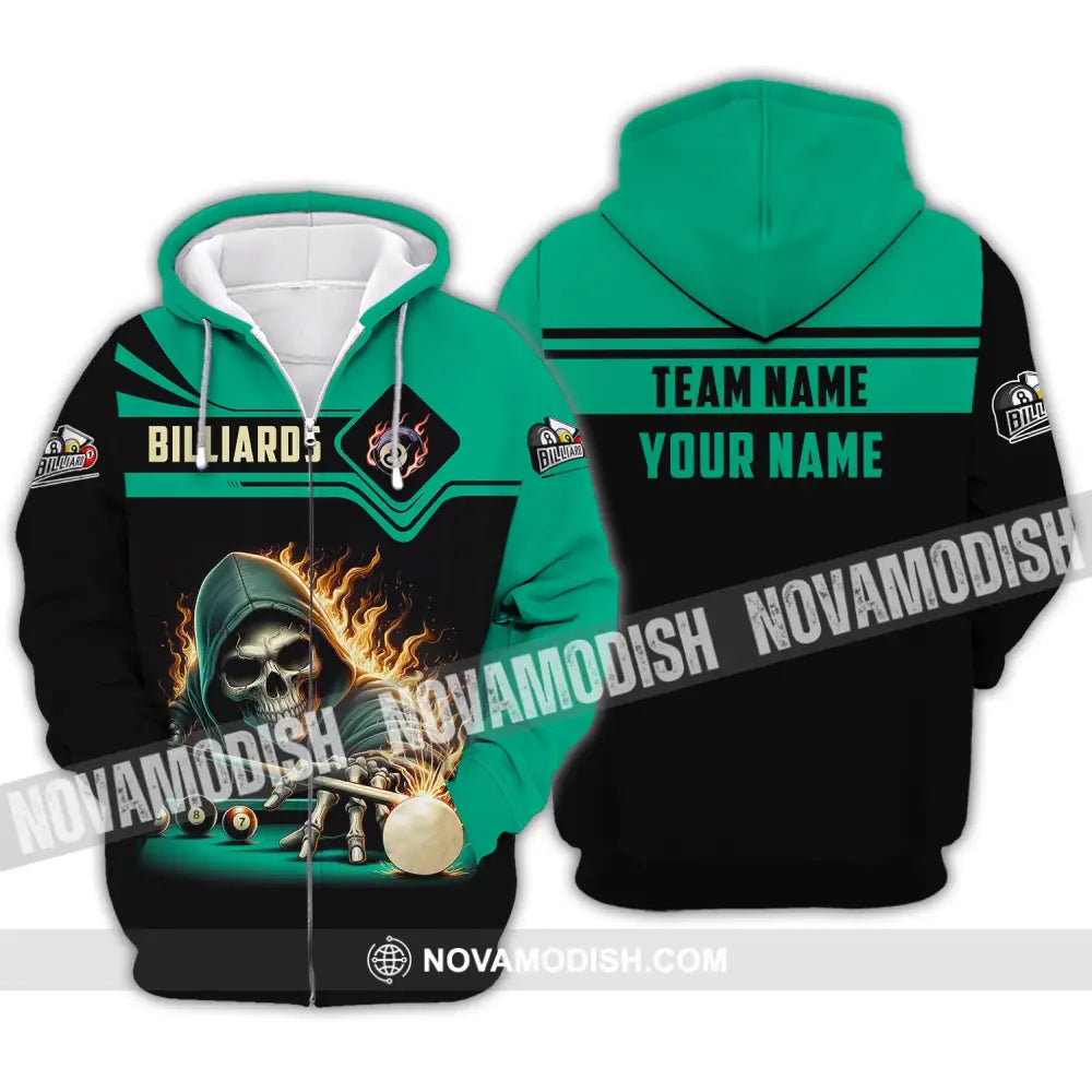 Unisex Shirt Custom Name And Team Billiards Polo Long Sleeve Skull T-Shirt Zipper Hoodie / S