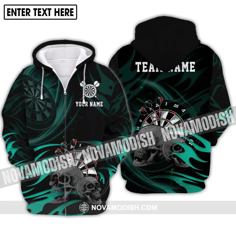 Unisex Shirt - Custom Name And Team Name Shirt Black Green Color Darts Lover Shirt Zipper Hoodie / S T-shirt