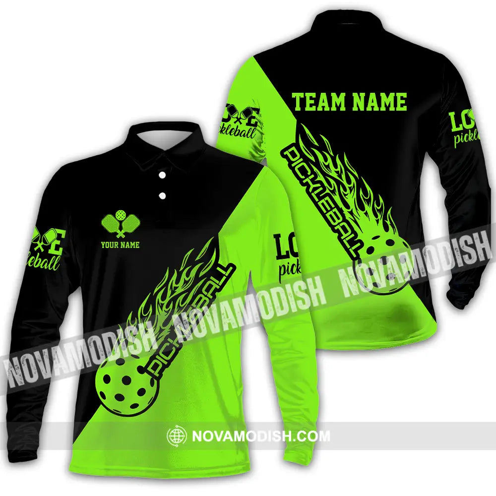 Unisex Shirt - Custom Name And Team Name Shirt Black And Green Pickleball Long Sleeve Polo / S T-shirt