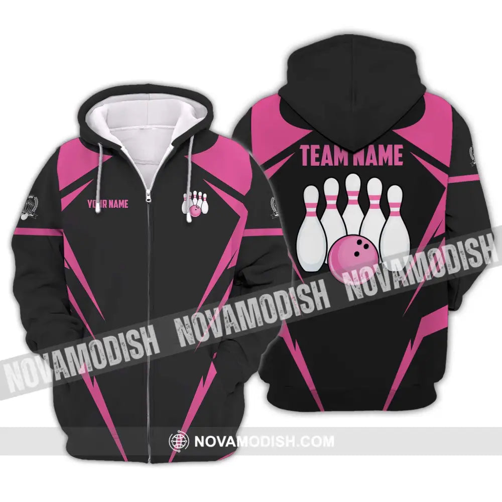 Unisex Shirt - Custom Name And Team Name Shirt Black Pink Bowling Shirt Zipper Hoodie / S T-shirt