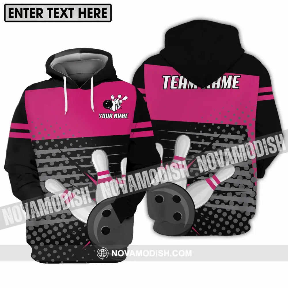 Unisex Shirt - Custom Name And Team Name Shirt Black Pink Shirt With Bowling Pins Hoodie / S T-shirt