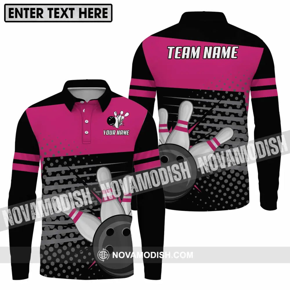 Unisex Shirt - Custom Name And Team Name Shirt Black Pink Shirt With Bowling Pins Long Sleeve Polo / S T-shirt