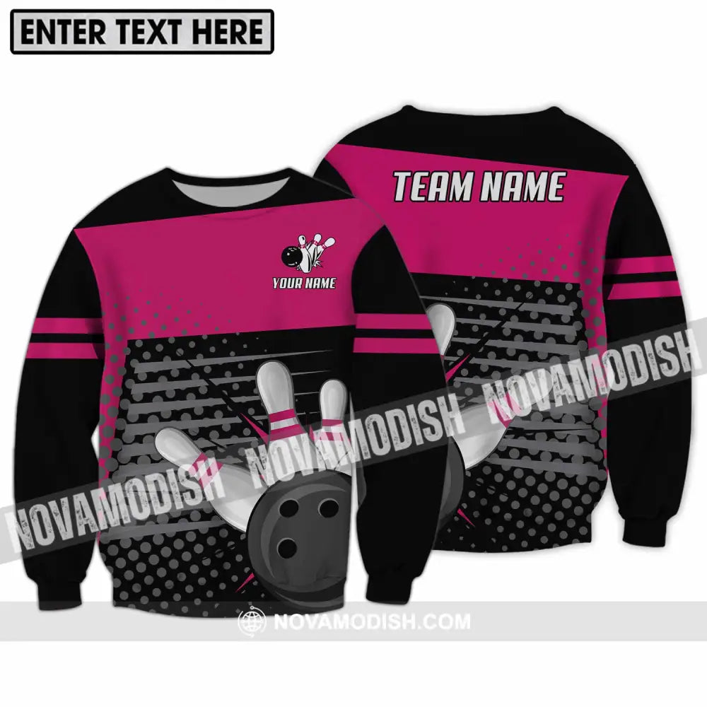 Unisex Shirt - Custom Name And Team Name Shirt Black Pink Shirt With Bowling Pins Long Sleeve / S T-shirt