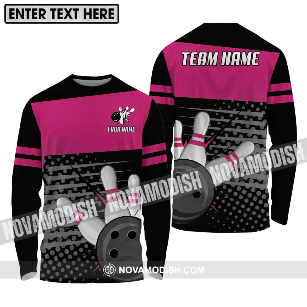 Unisex Shirt - Custom Name And Team Name Shirt Black Pink Shirt With Bowling Pins Long Sleeve Shirt / S T-shirt