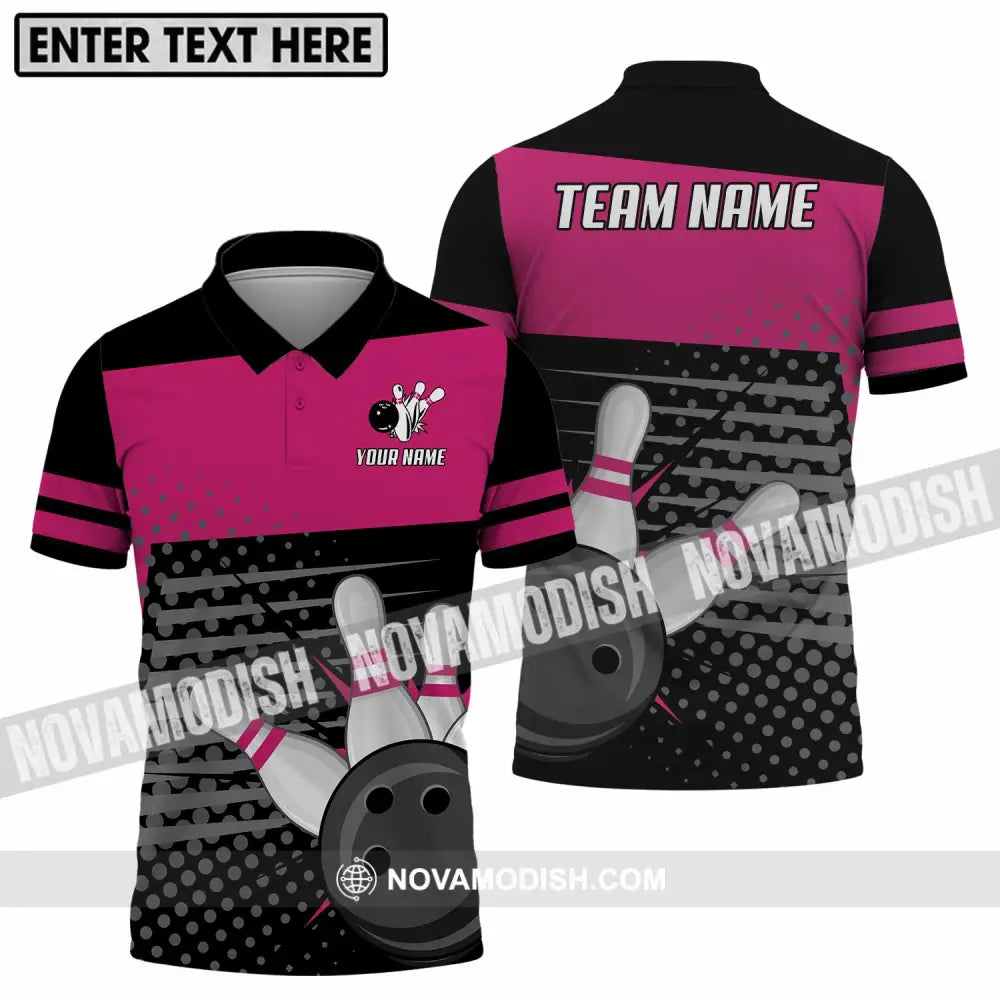 Unisex Shirt - Custom Name And Team Name Shirt Black Pink Shirt With Bowling Pins Polo Shirt / S T-shirt