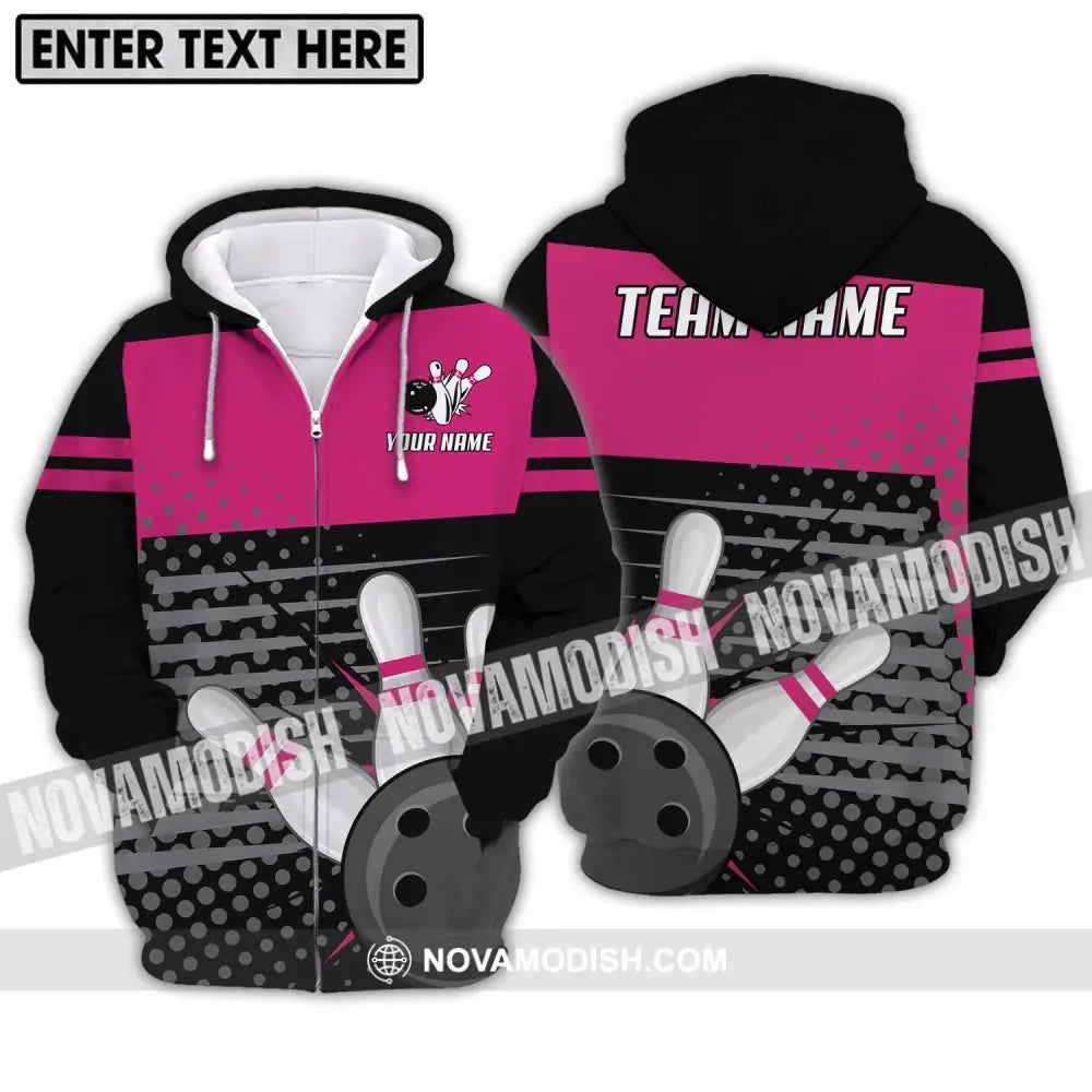Unisex Shirt - Custom Name And Team Name Shirt Black Pink Shirt With Bowling Pins Zipper Hoodie / S T-shirt