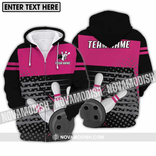 Unisex Shirt - Custom Name And Team Name Shirt Black Pink Shirt With Bowling Pins Zipper Hoodie / S T-shirt