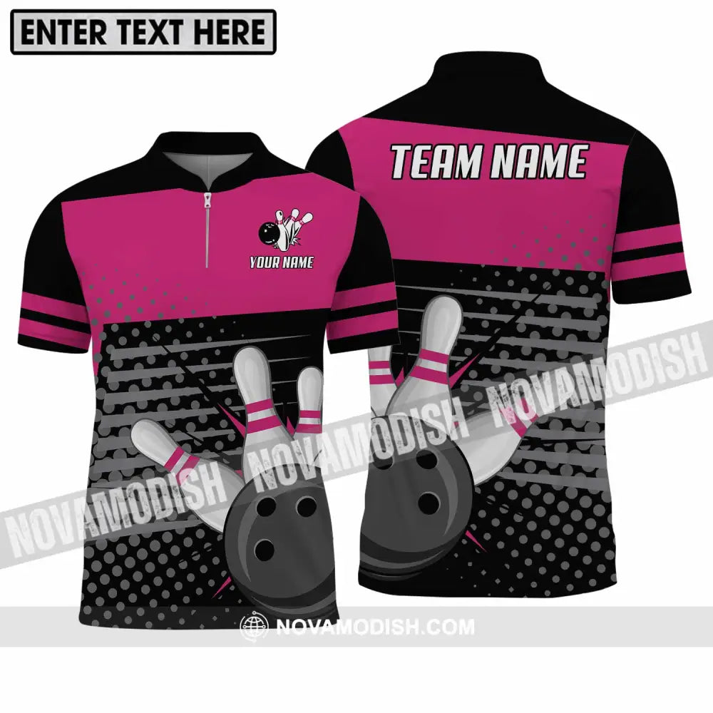 Unisex Shirt - Custom Name And Team Name Shirt Black Pink Shirt With Bowling Pins Zipper Polo Shirt / S T-shirt