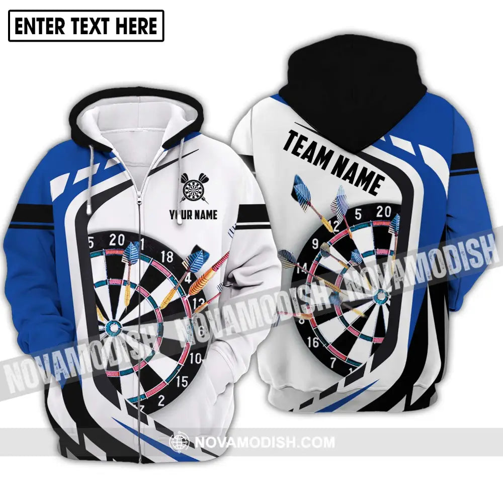 Unisex Shirt - Custom Name And Team Name Shirt Black White And Blue Color Darts Lover Shirt Zipper Hoodie / S T-shirt