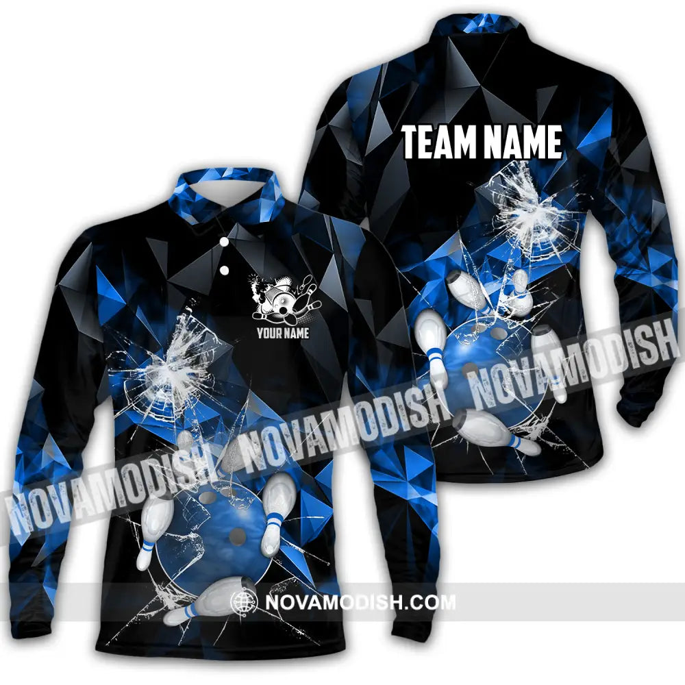 Unisex Shirt - Custom Name And Team Name Shirt Blue Glasses Bowling Long Sleeve Polo / S T-shirt