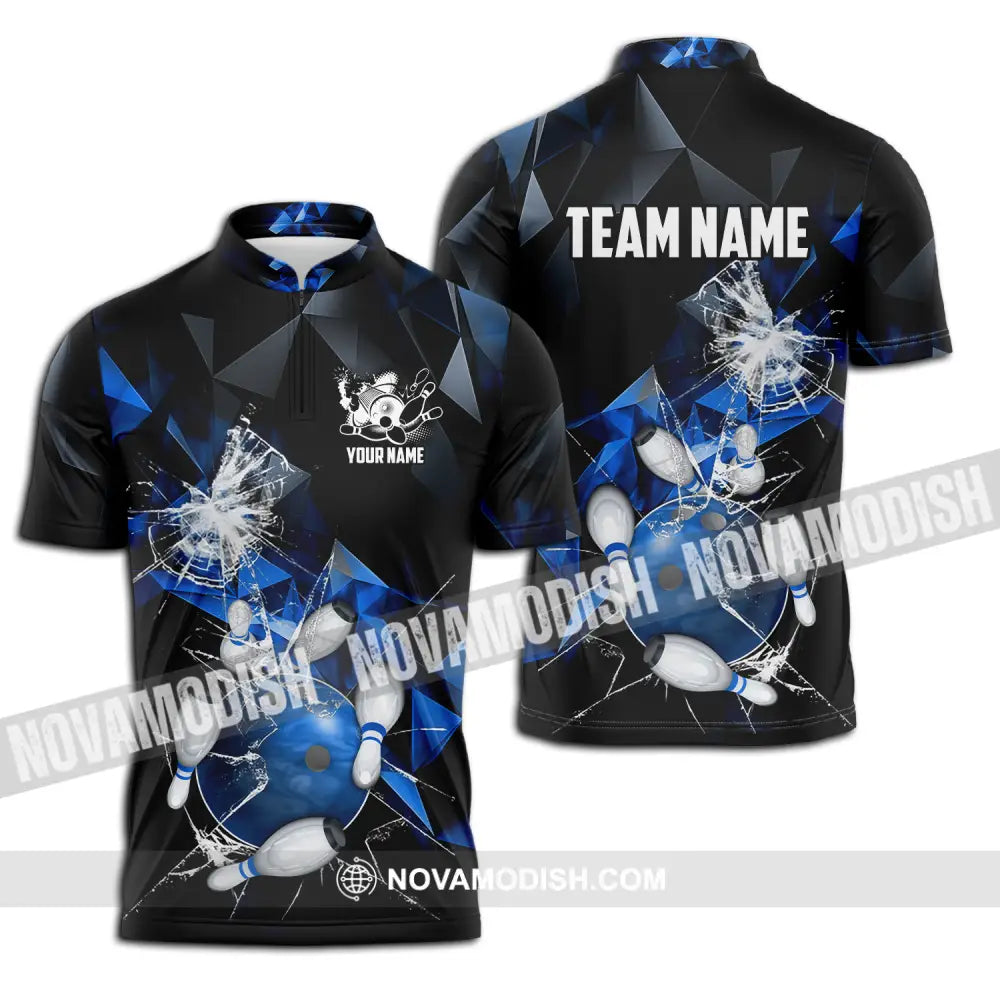 Unisex Shirt - Custom Name And Team Name Shirt Blue Glasses Bowling Zipper Polo Shirt / S T-shirt
