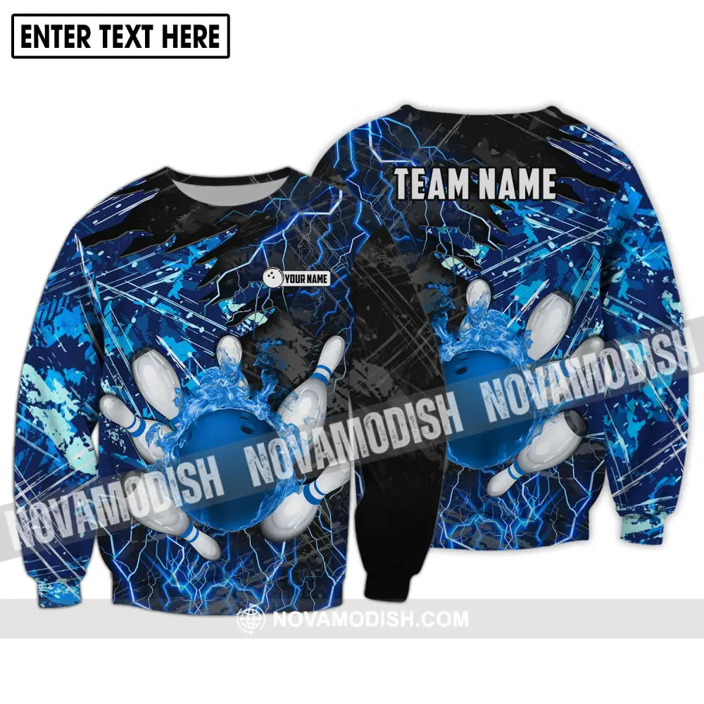Unisex Shirt - Custom Name And Team Name Shirt Blue Lightning Bowling Shirt Long Sleeve / S T-shirt